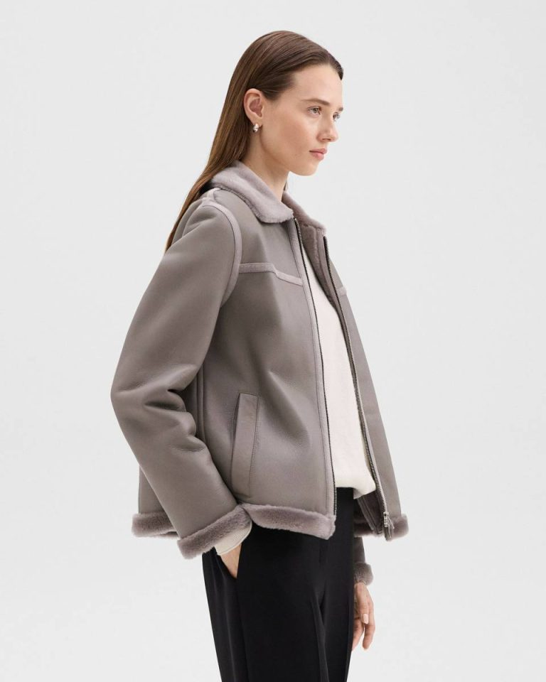Aviator Jacket In Shearling Women Outerwear Theory Iron Grey - 2
