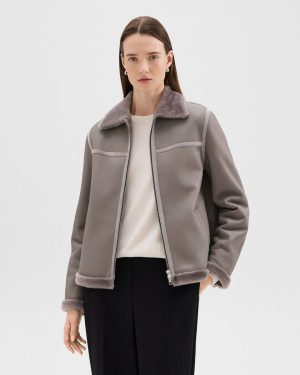 Aviator Jacket In Shearling Women Outerwear Theory Iron Grey - 1