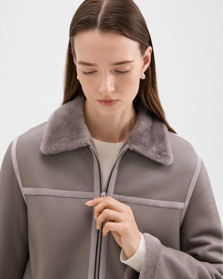 Aviator Jacket In Shearling Women Outerwear Theory Iron Grey - 4