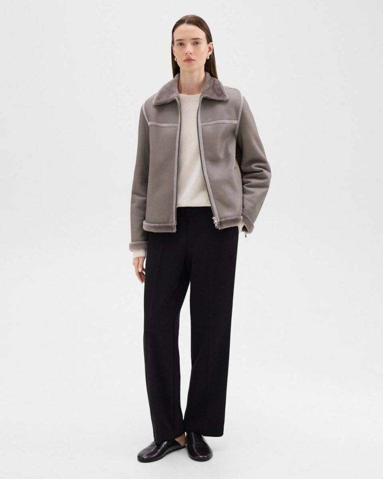 Aviator Jacket In Shearling Women Outerwear Theory Iron Grey - 5