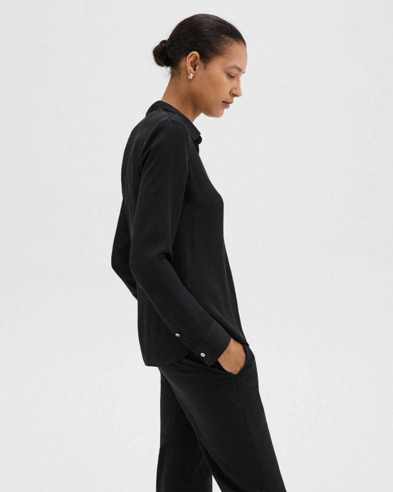Black Fitted Shirt In Silk Georgette Women Tops Theory - 2