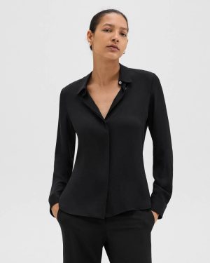 Black Fitted Shirt In Silk Georgette Women Tops Theory - 1