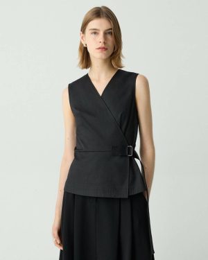 Black Sleeveless Wrap Top In Cotton Chino Tops Theory Women - 1
