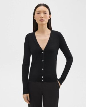 Black V-Neck Cardigan In Regal Wool Women Sweaters + Cardigans Theory - 1
