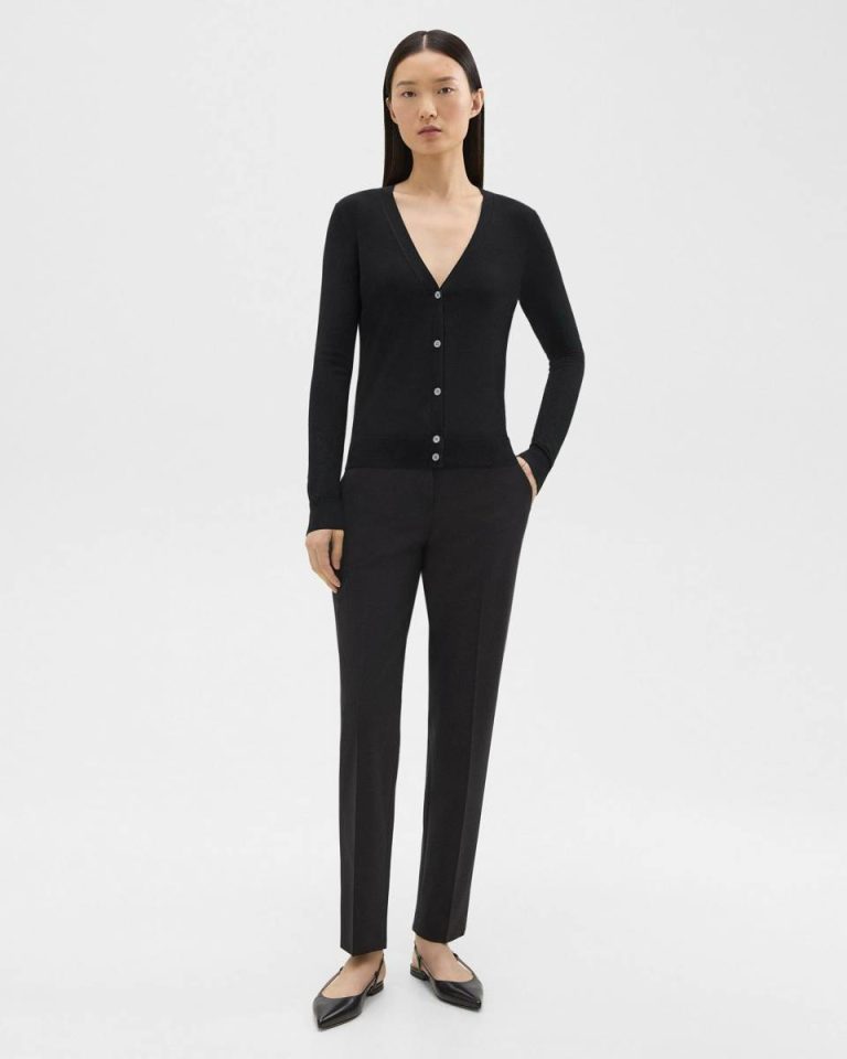 Black V-Neck Cardigan In Regal Wool Women Sweaters + Cardigans Theory - 5