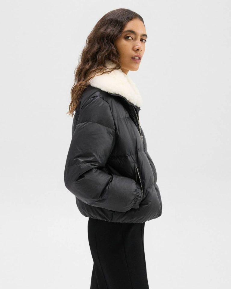 Black Women Shearling-Trimmed Puffer Jacket In Recycled Nylon Theory Outerwear - 2