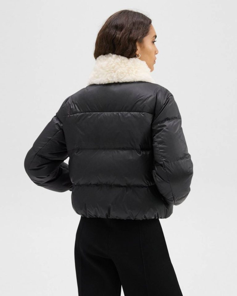 Black Women Shearling-Trimmed Puffer Jacket In Recycled Nylon Theory Outerwear - 3