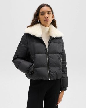 Black Women Shearling-Trimmed Puffer Jacket In Recycled Nylon Theory Outerwear - 1
