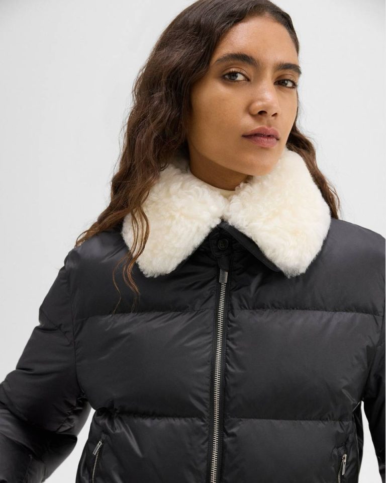 Black Women Shearling-Trimmed Puffer Jacket In Recycled Nylon Theory Outerwear - 4