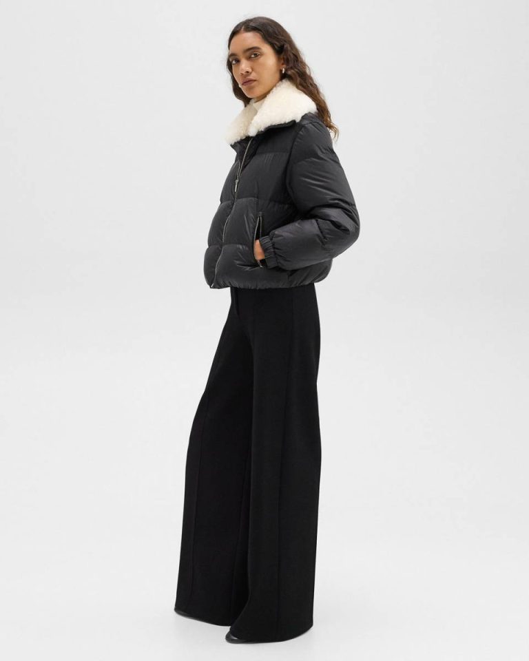 Black Women Shearling-Trimmed Puffer Jacket In Recycled Nylon Theory Outerwear - 5