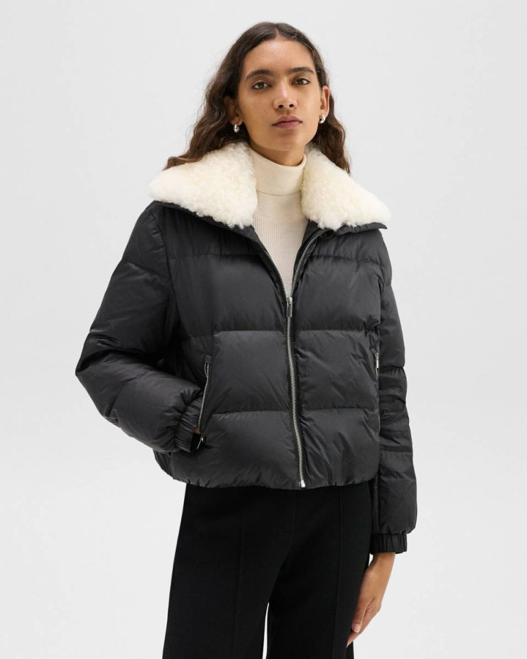 Black Women Shearling-Trimmed Puffer Jacket In Recycled Nylon Theory Outerwear - 1