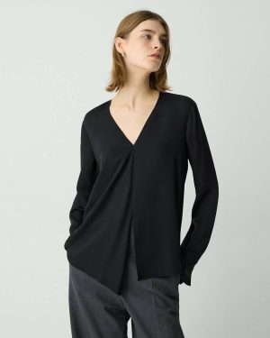 Black Women Theory Relaxed V-Neck Blouse In Silk Georgette Tops - 1