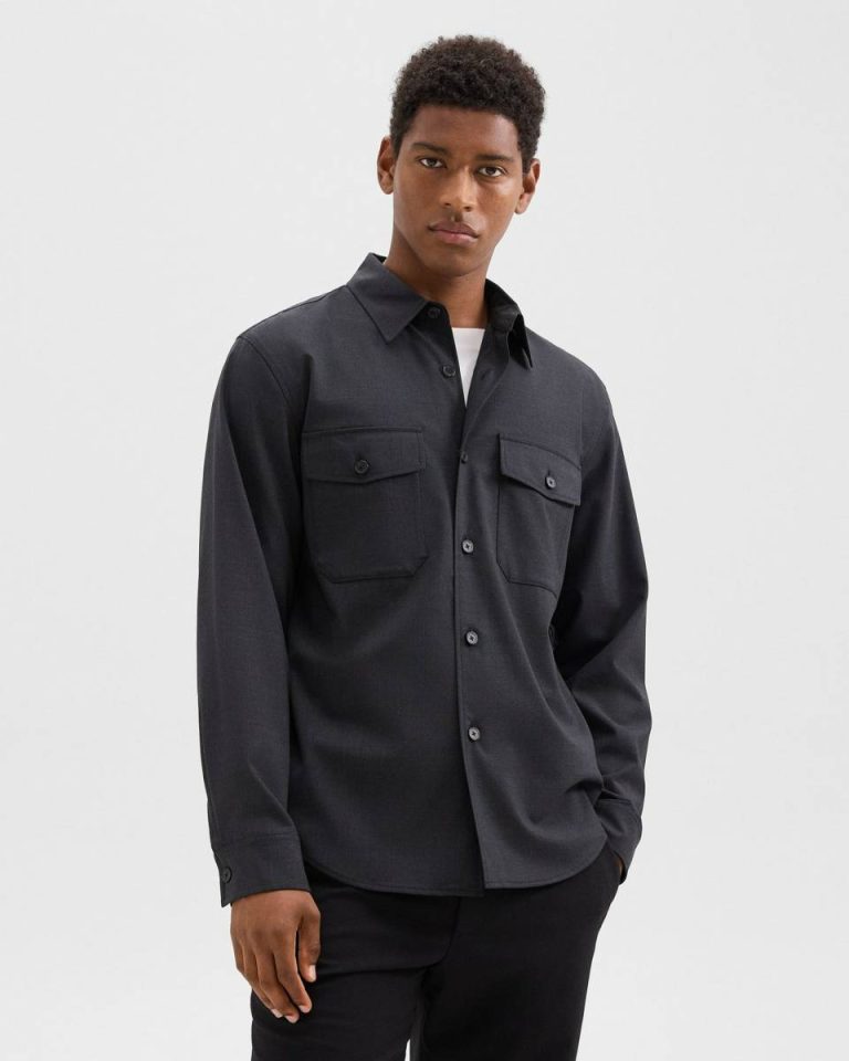 Blazers + Jackets Garvin Shirt Jacket In Stretch Wool Dark Charcoal Men Theory - 1