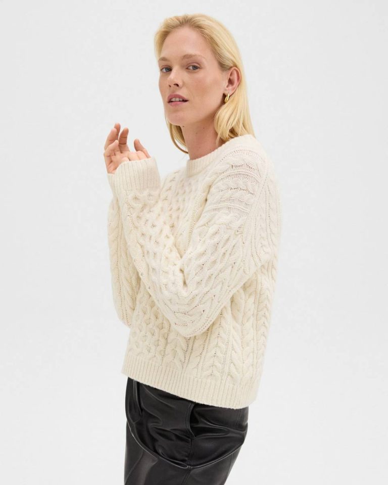 Cable Knit Sweater In Felted Wool-Cashmere Ivory Women Theory Sweaters + Cardigans - 2