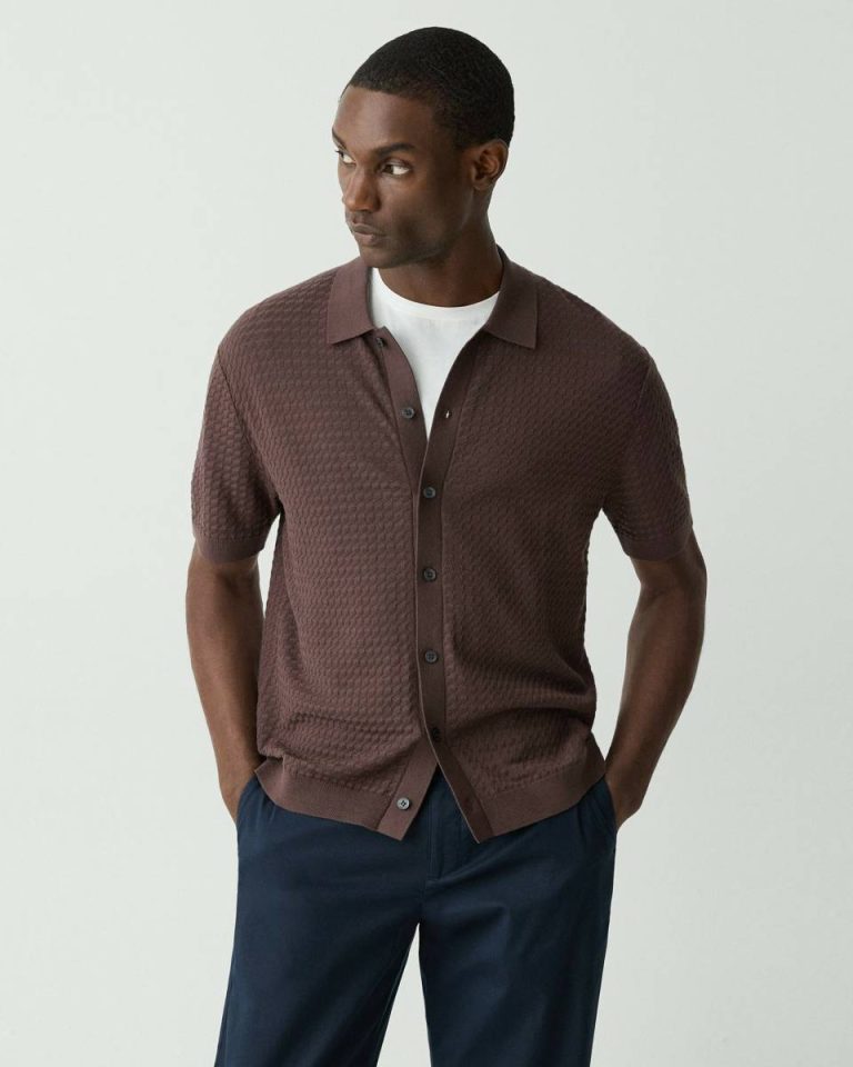 Cairn Short-Sleeve Sweater In Cotton Men Theory Dark Mocha Sweaters + Cardigans - 2