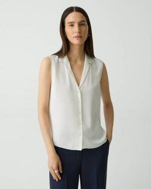 Camp Collar Blouse In Silk Georgette Tops Ivory Women Theory - 1