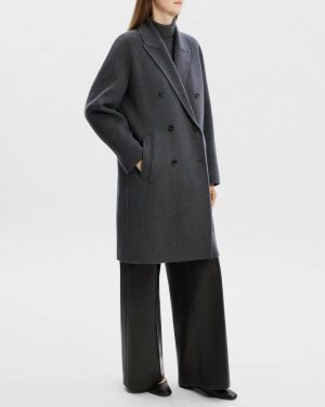 Double-Breasted Coat In Wool-Blend Melton Pestle Melange Women Outerwear Theory - 1