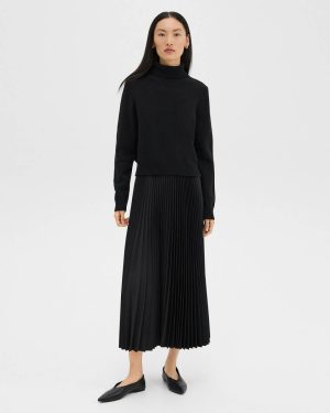 Dresses Theory Pleated Combo Dress In Stretch Wool-Blend Black Women - 1