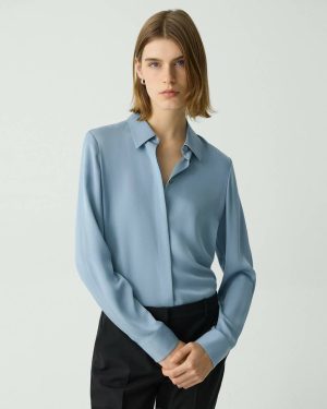 Fitted Shirt In Silk Georgette Stone Blue Women Tops Theory - 1