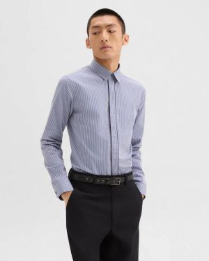 Grey/Cornflower Multi Shirts Men Theory Straight Shirt In Striped Cotton-Blend - 1