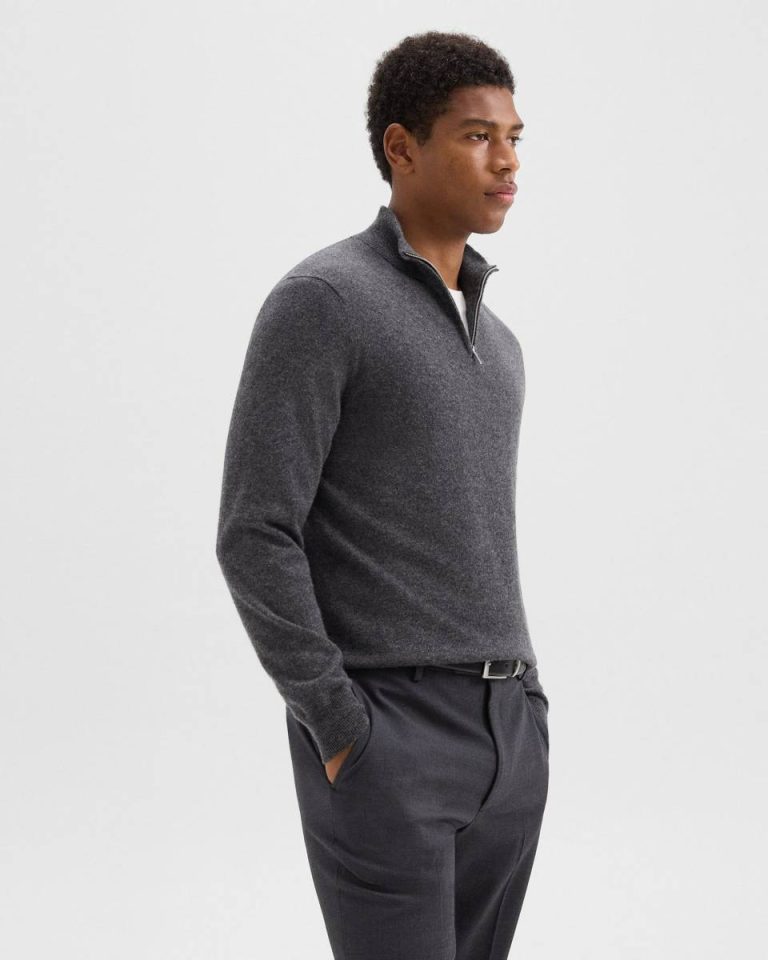 Grey Heather Sweaters + Cardigans Men Theory Hilles Quarter-Zip Sweater In Cashmere - 2