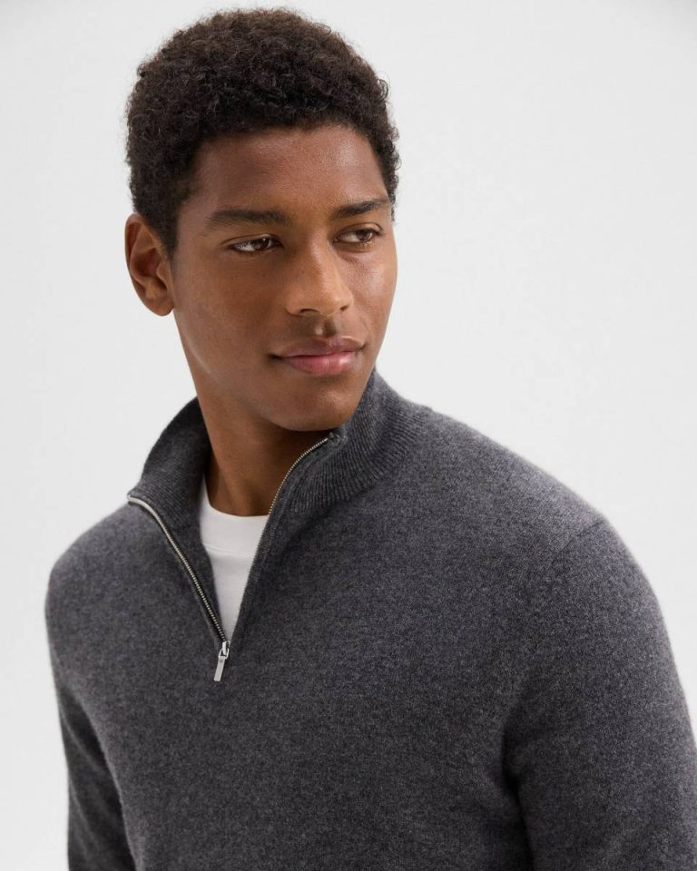 Grey Heather Sweaters + Cardigans Men Theory Hilles Quarter-Zip Sweater In Cashmere - 3