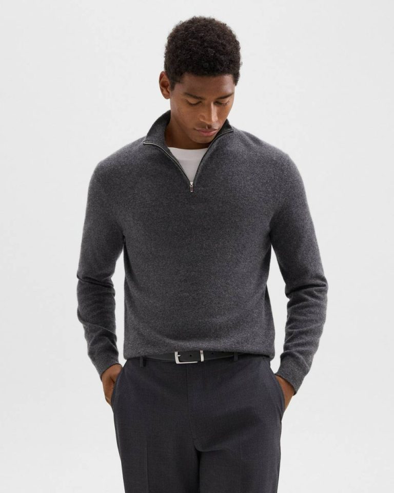 Grey Heather Sweaters + Cardigans Men Theory Hilles Quarter-Zip Sweater In Cashmere - 1