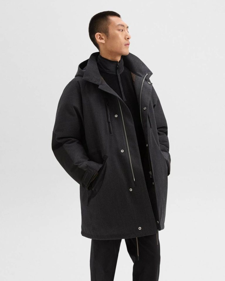 Hooded Parka In Wool-Blend Twill Men Charcoal Outerwear Theory - 2