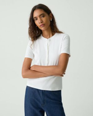 Loungewear Women Theory Ivory Ribbed Henley Top In Compact Stretch Knit - 1