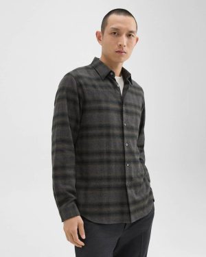 Men Irving Shirt In Plaid Cotton Flannel Shirts Hunter Green Melange Theory - 1