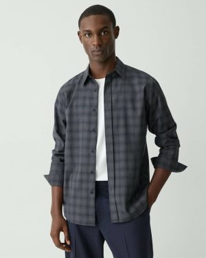 Men Shirts Charcoal Melange/Navy Theory Irving Shirt In Checked Wool - 1