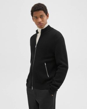 Men Sweaters + Cardigans Black Ribbed Zip-Up Cardigan In Merino Wool Theory - 1