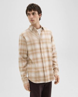 Men Theory Shirts Irving Shirt In Plaid Cotton Flannel Natural Melange - 1