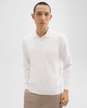 Men White Sweaters + Cardigans Theory Goris Long-Sleeve Polo Shirt In Light Bilen - 1