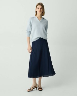 Midi Pull-On Skirt In Silk Georgette Women Theory Deep Navy Skirts - 1