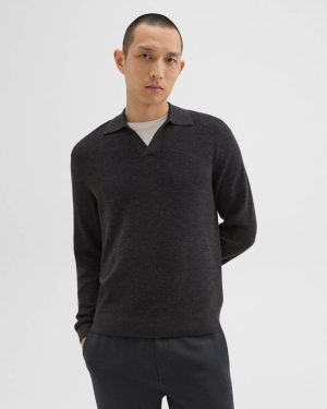 Mink Melange Johnny Collar Sweater In Merino Wool Men Sweaters + Cardigans Theory - 1