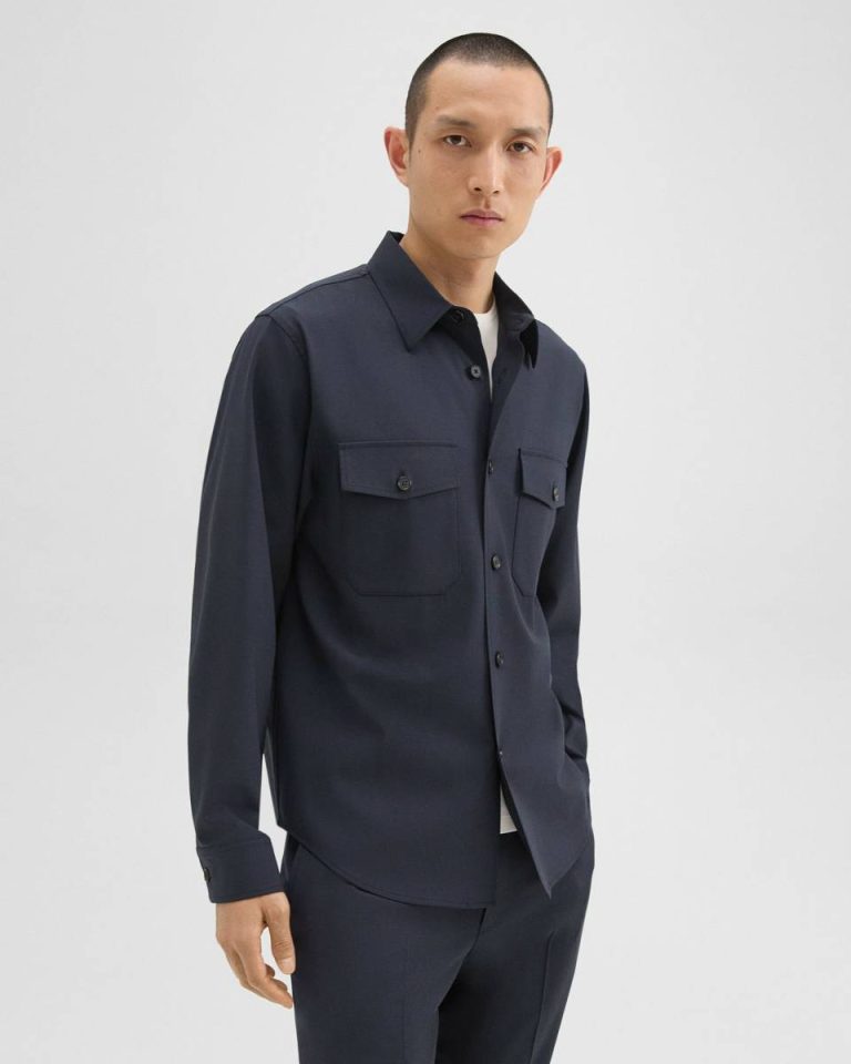 Navy Blazers + Jackets Theory Men Garvin Shirt Jacket In Stretch Wool - 1