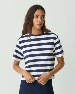 Navy Multi T-Shirts + Tank Tops Women Boxy Crewneck Tee In Striped Cotton Theory - 1