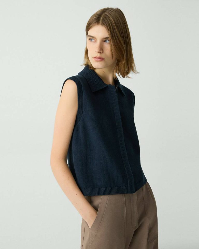 Navy Zip-Up Vest In Rounded Cotton Theory Women Sweaters + Cardigans - 2