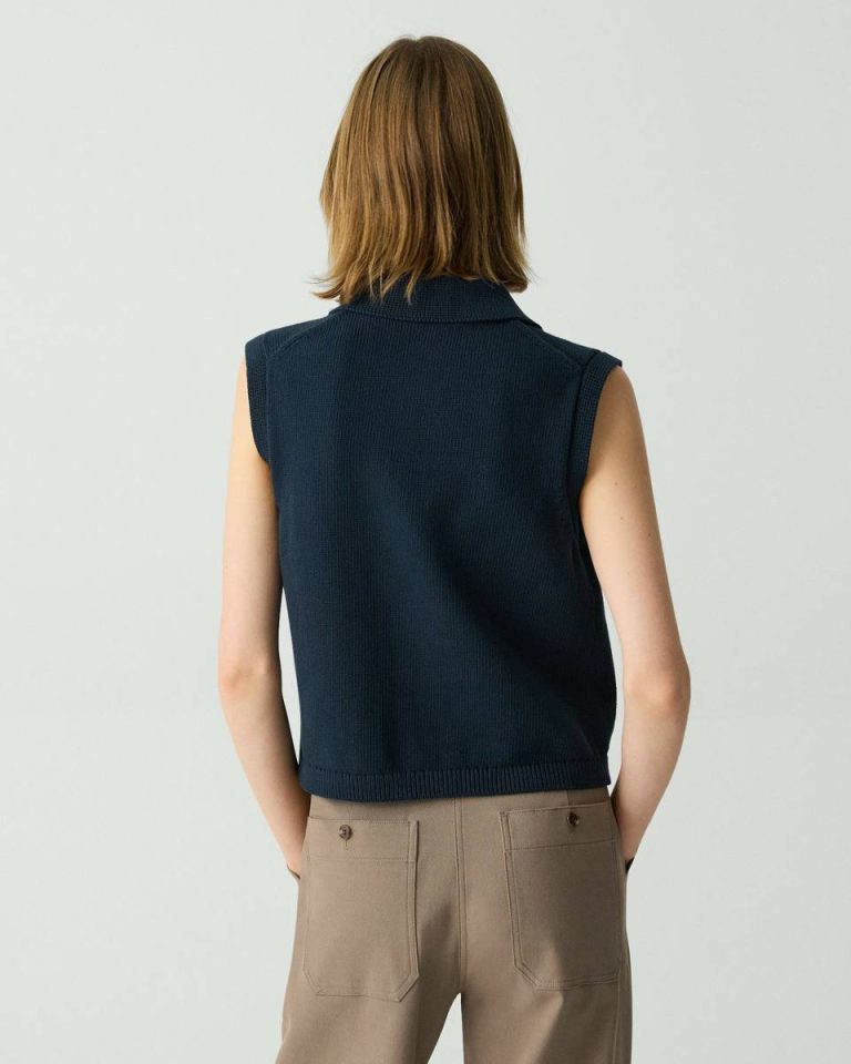 Navy Zip-Up Vest In Rounded Cotton Theory Women Sweaters + Cardigans - 3