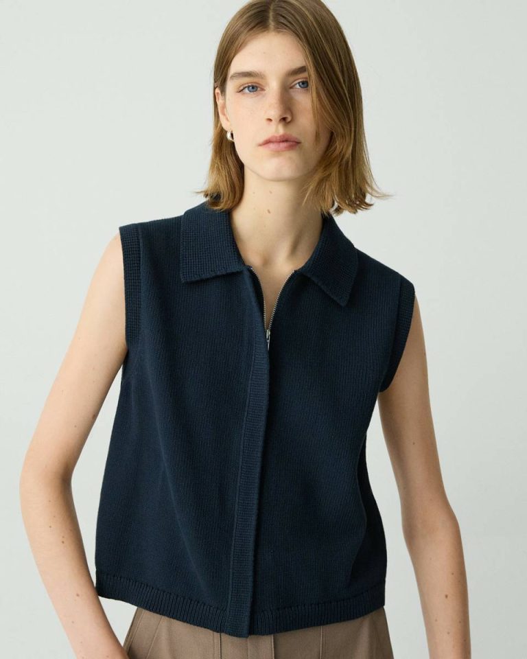 Navy Zip-Up Vest In Rounded Cotton Theory Women Sweaters + Cardigans - 4