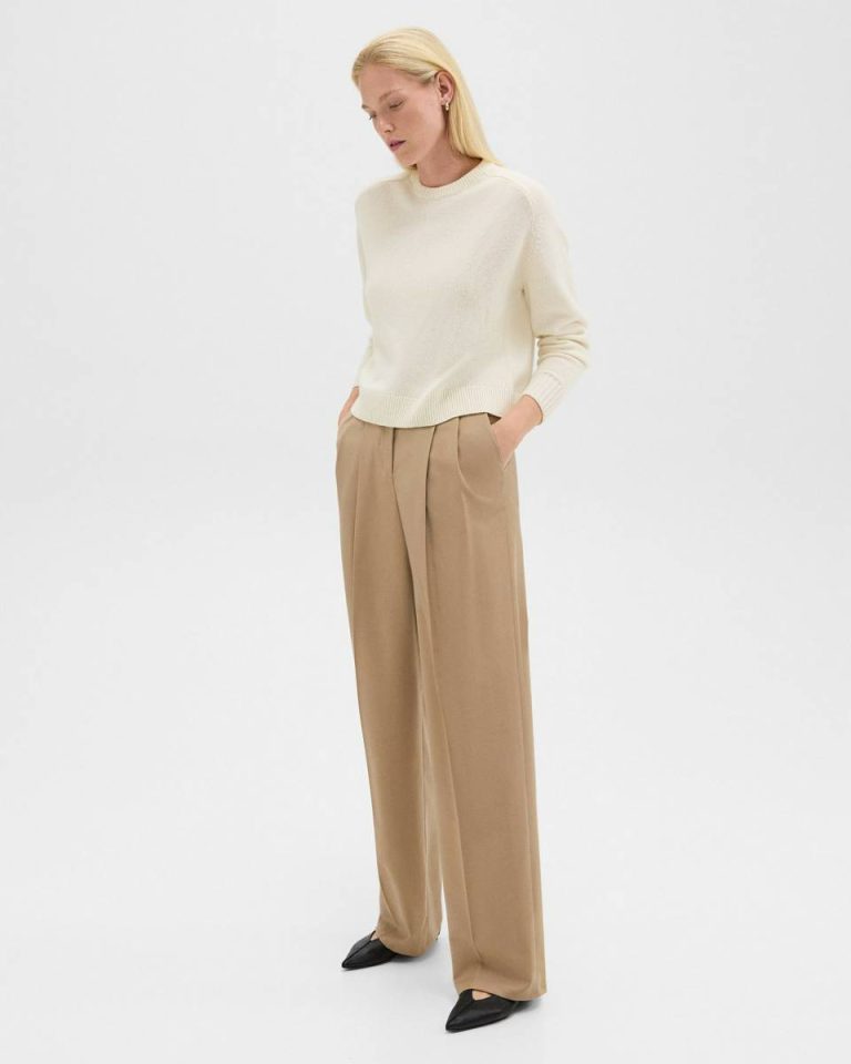 New Camel Double Pleat Pant In Sleek Flannel Theory Pants Women - 2
