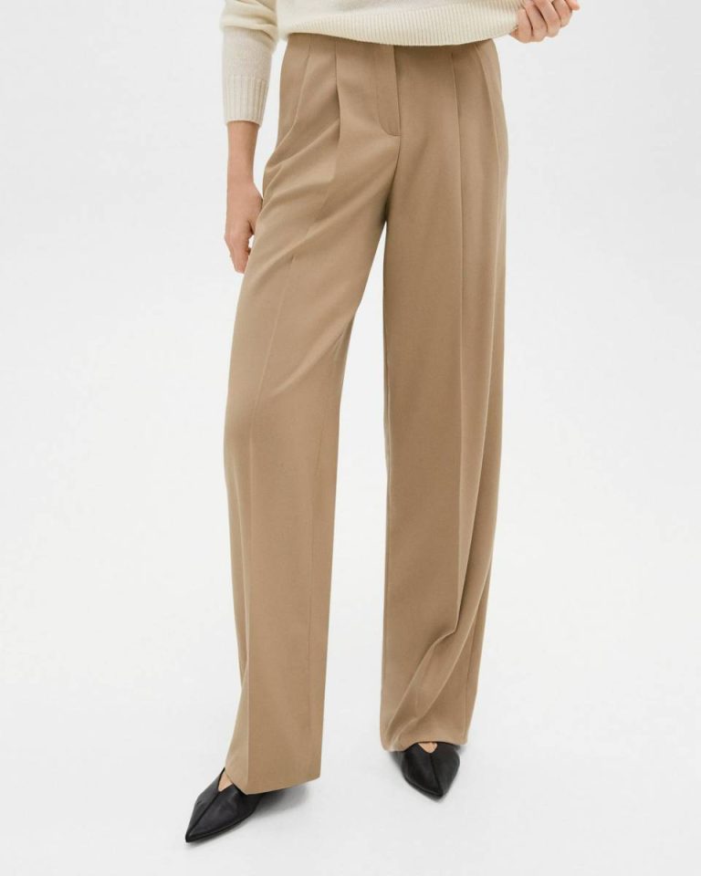 New Camel Double Pleat Pant In Sleek Flannel Theory Pants Women - 4