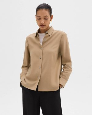 New Camel Women Tops Straight Shirt In Sleek Flannel Theory - 1