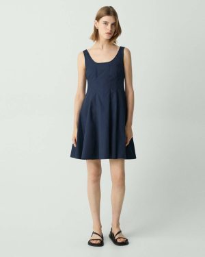 Nocturne Navy Theory Dresses Women Sleeveless Fit-And-Flare Dress In Sleek Poplin - 1