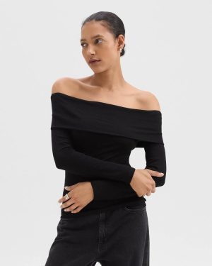Off-The-Shoulder Top In Ribbed Viscose Theory Black T-Shirts + Tank Tops Women - 1