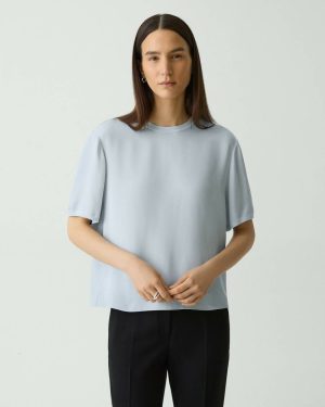 Pearl Blue Boxy Tee In Silk Georgette Women Theory Tops - 1