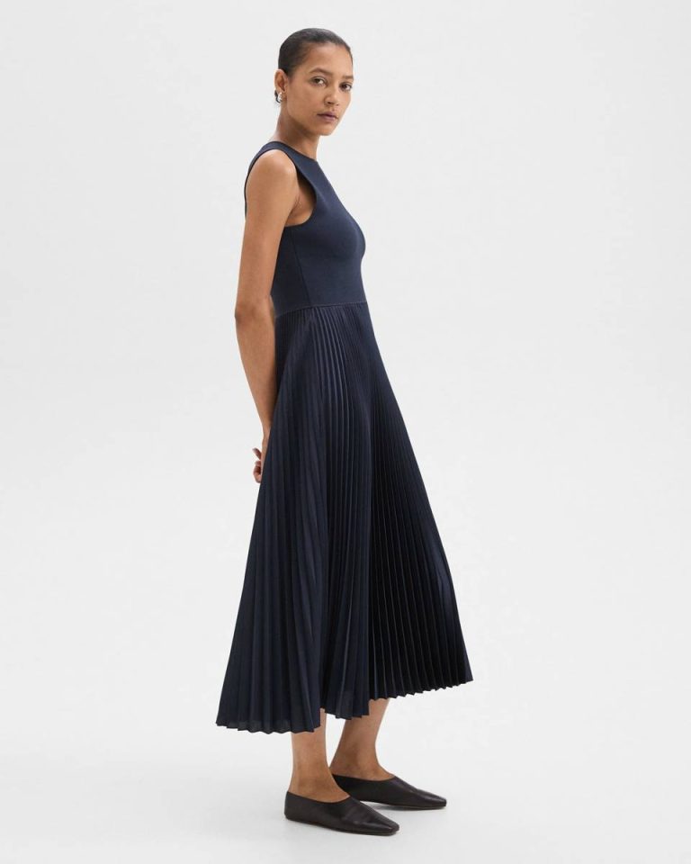 Pleated Combo Dress In Textured Satin Dresses Women Nocturne Navy Theory - 2