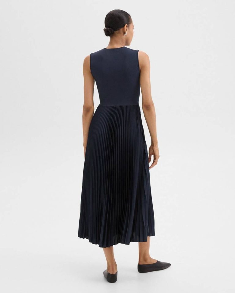 Pleated Combo Dress In Textured Satin Dresses Women Nocturne Navy Theory - 3