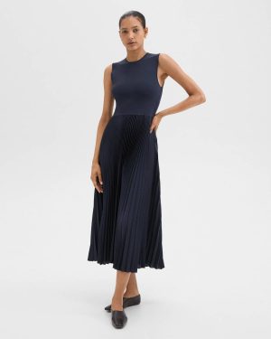 Pleated Combo Dress In Textured Satin Dresses Women Nocturne Navy Theory - 1